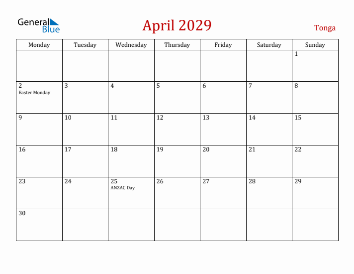 Tonga April 2029 Calendar - Monday Start