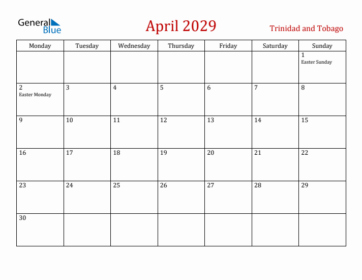 Trinidad and Tobago April 2029 Calendar - Monday Start