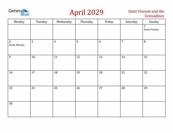 Saint Vincent and the Grenadines April 2029 Calendar - Monday Start
