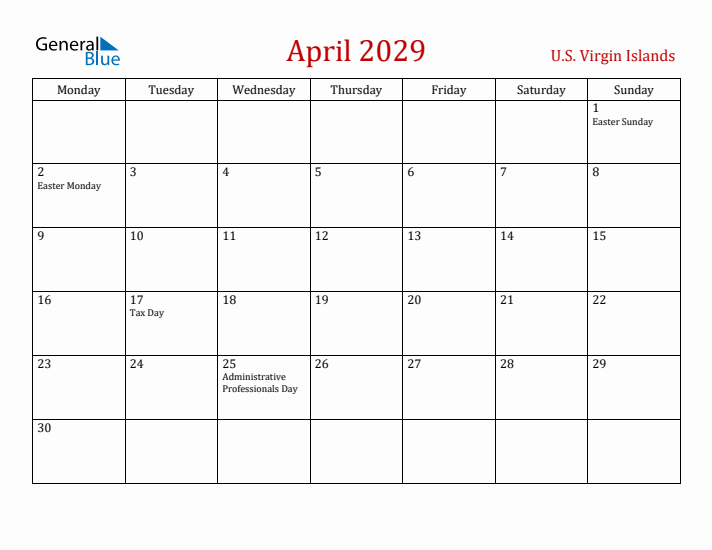 U.S. Virgin Islands April 2029 Calendar - Monday Start