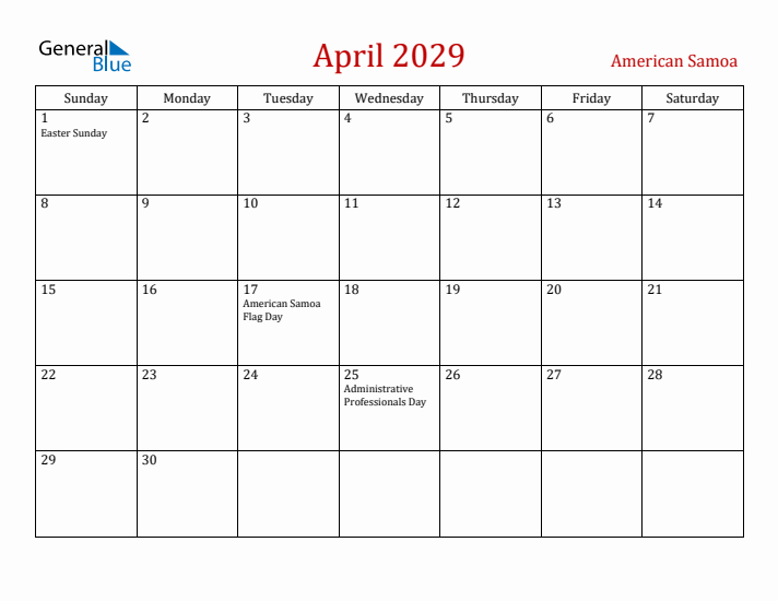 American Samoa April 2029 Calendar - Sunday Start
