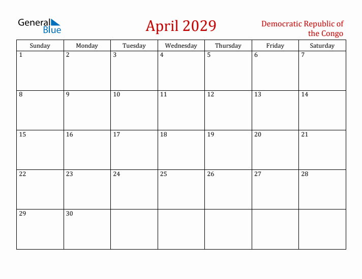 Democratic Republic of the Congo April 2029 Calendar - Sunday Start