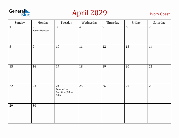 Ivory Coast April 2029 Calendar - Sunday Start