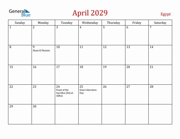 Egypt April 2029 Calendar - Sunday Start