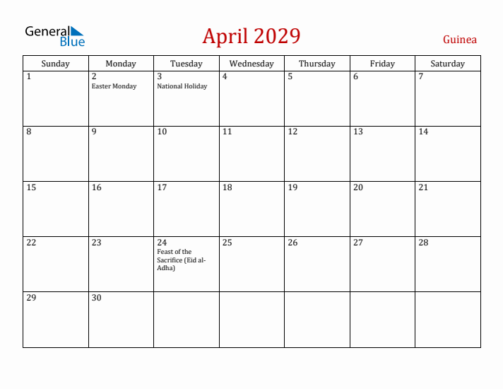 Guinea April 2029 Calendar - Sunday Start