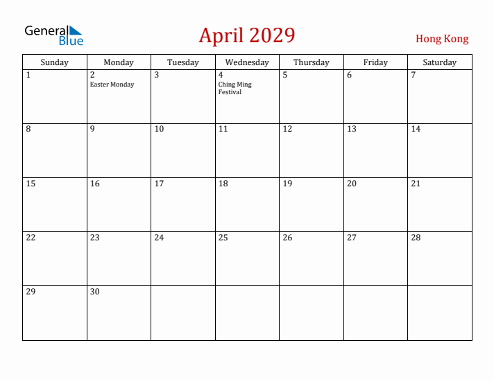 Hong Kong April 2029 Calendar - Sunday Start