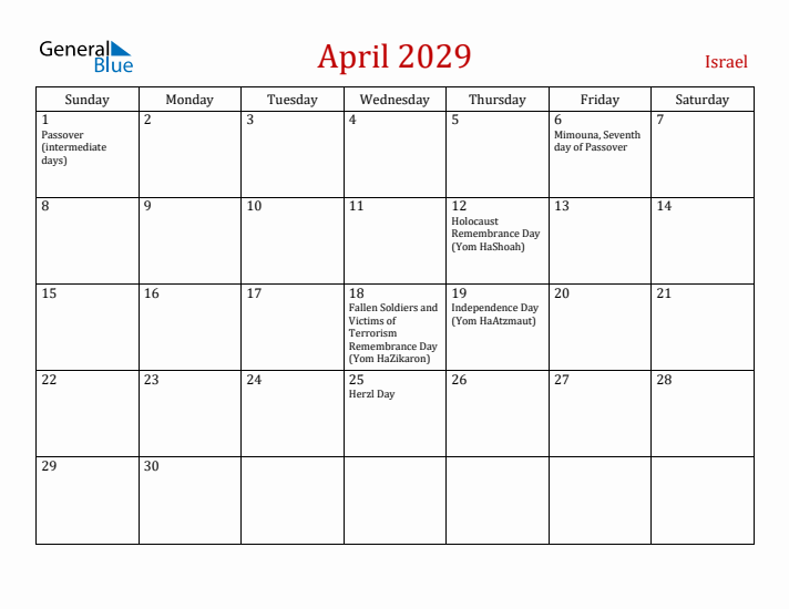 Israel April 2029 Calendar - Sunday Start
