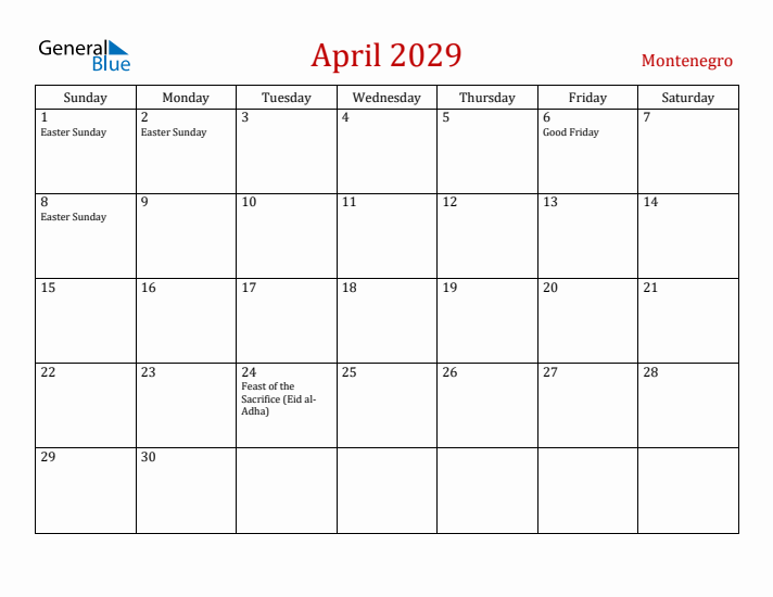 Montenegro April 2029 Calendar - Sunday Start