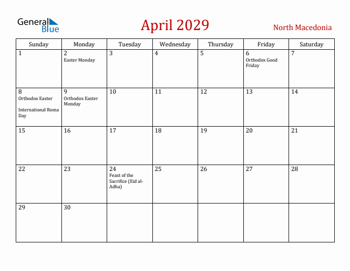 North Macedonia April 2029 Calendar - Sunday Start