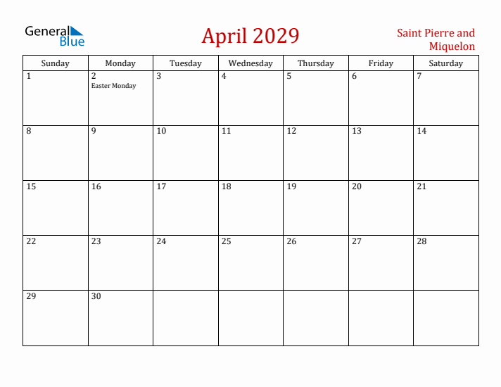 Saint Pierre and Miquelon April 2029 Calendar - Sunday Start