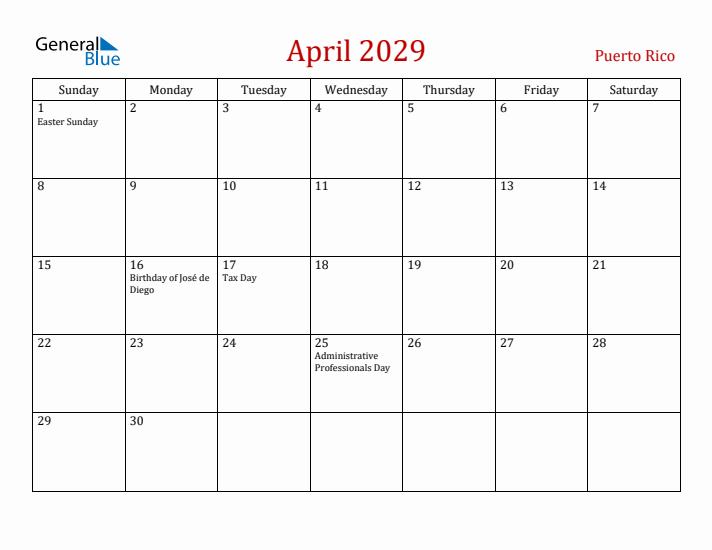 Puerto Rico April 2029 Calendar - Sunday Start
