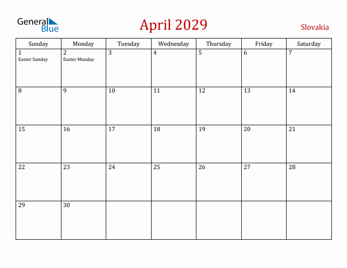 Slovakia April 2029 Calendar - Sunday Start