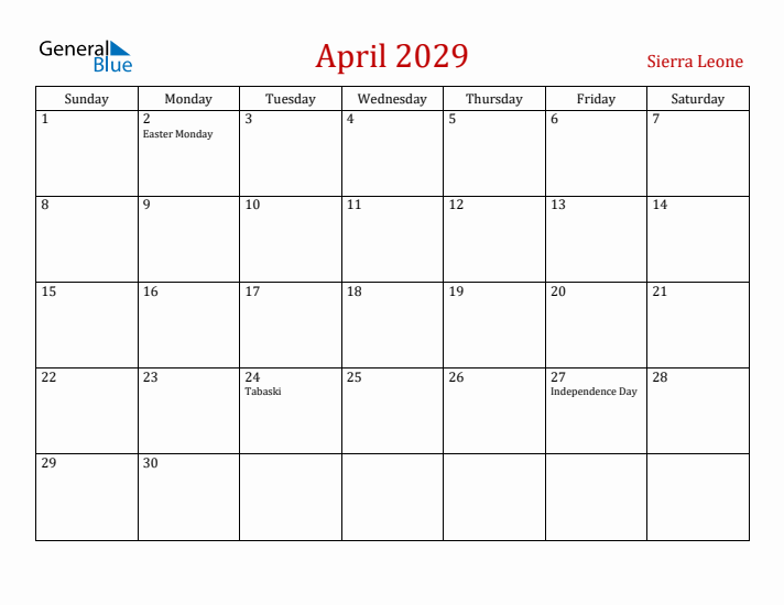 Sierra Leone April 2029 Calendar - Sunday Start