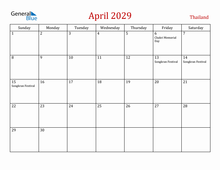 Thailand April 2029 Calendar - Sunday Start