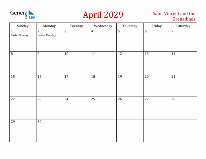 Saint Vincent and the Grenadines April 2029 Calendar - Sunday Start