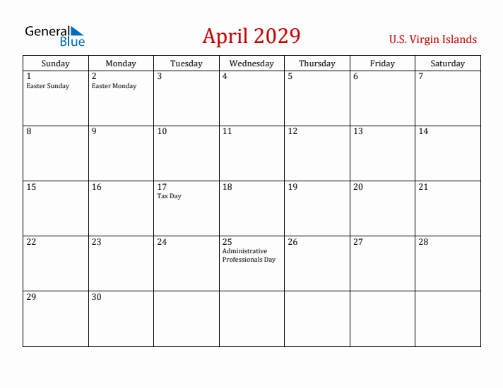 U.S. Virgin Islands April 2029 Calendar - Sunday Start
