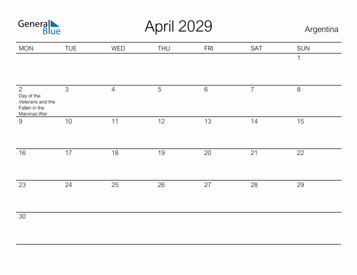 Printable April 2029 Calendar for Argentina
