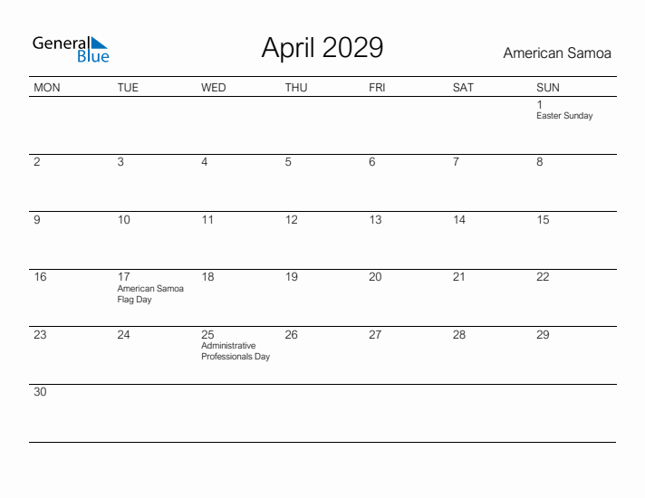 Printable April 2029 Calendar for American Samoa