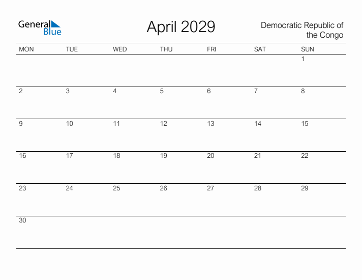 Printable April 2029 Calendar for Democratic Republic of the Congo