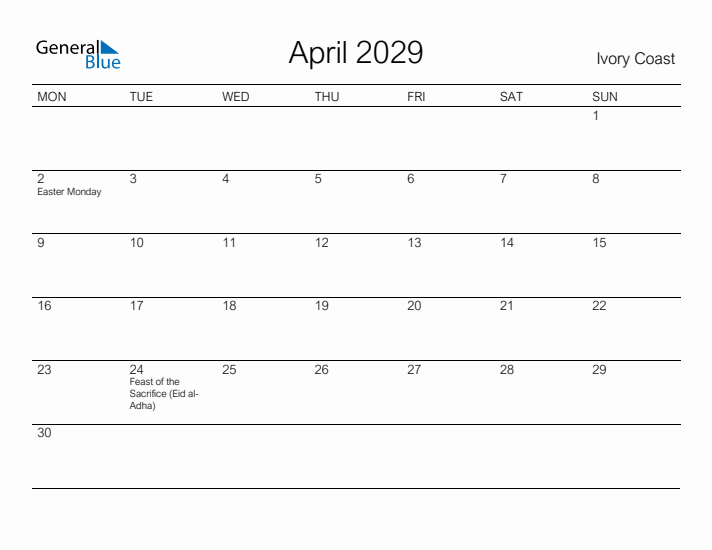 Printable April 2029 Calendar for Ivory Coast
