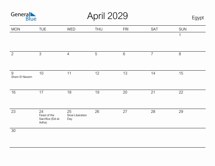 Printable April 2029 Calendar for Egypt
