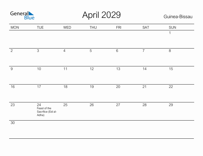 Printable April 2029 Calendar for Guinea-Bissau