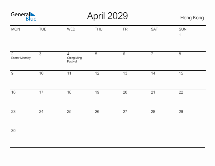 Printable April 2029 Calendar for Hong Kong