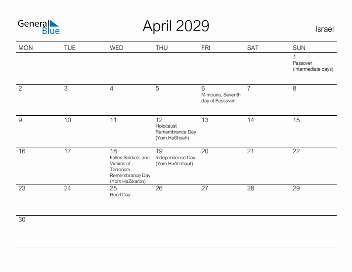 Printable April 2029 Calendar for Israel