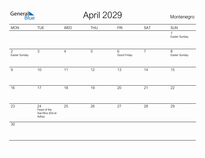 Printable April 2029 Calendar for Montenegro
