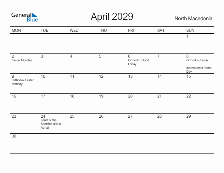Printable April 2029 Calendar for North Macedonia