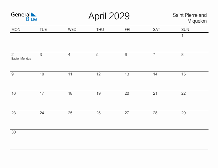 Printable April 2029 Calendar for Saint Pierre and Miquelon