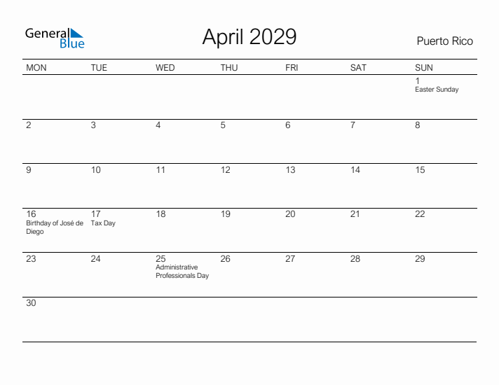 Printable April 2029 Calendar for Puerto Rico