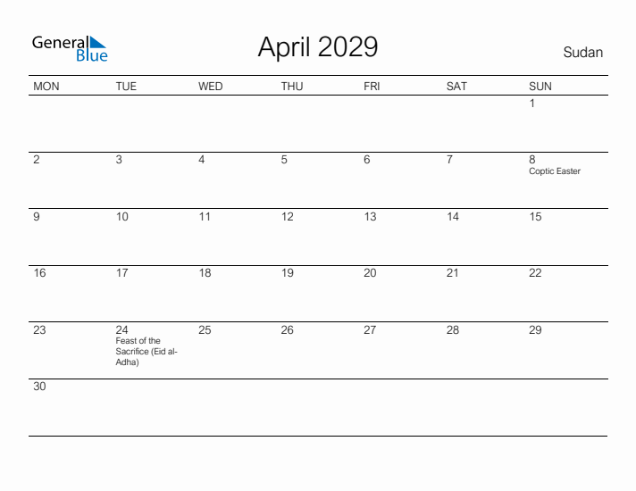 Printable April 2029 Calendar for Sudan