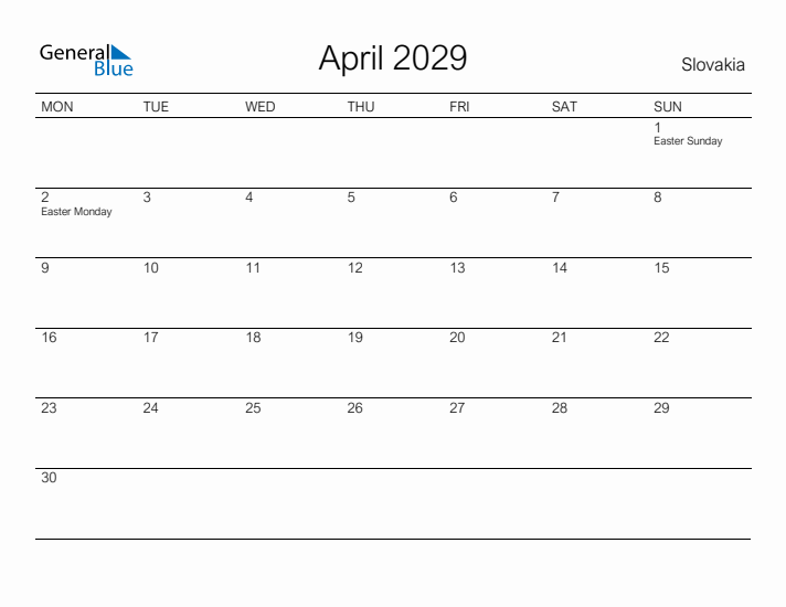 Printable April 2029 Calendar for Slovakia