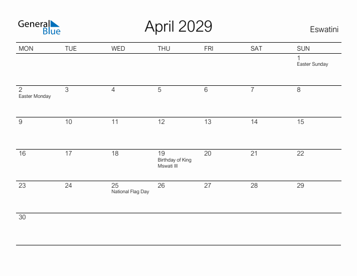 Printable April 2029 Calendar for Eswatini