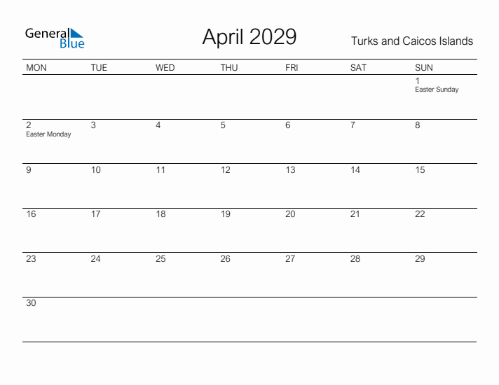 Printable April 2029 Calendar for Turks and Caicos Islands