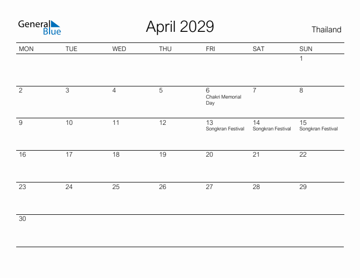 Printable April 2029 Calendar for Thailand