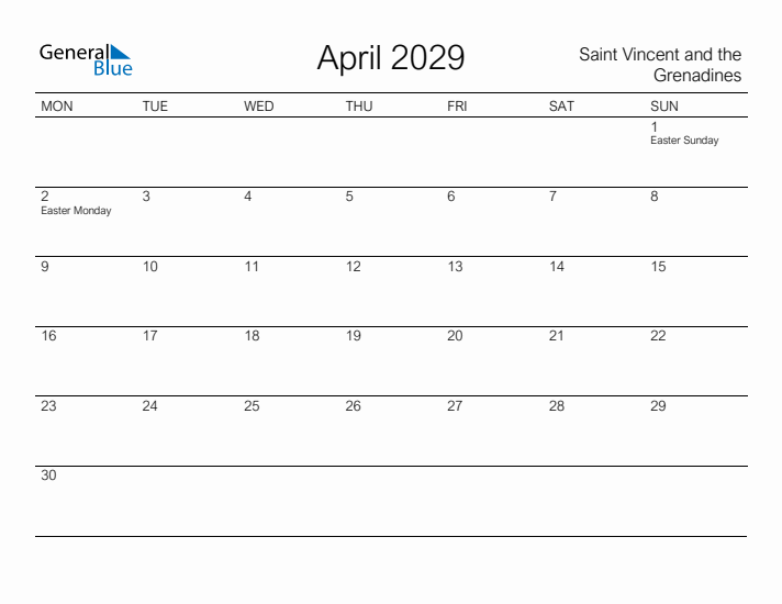 Printable April 2029 Calendar for Saint Vincent and the Grenadines