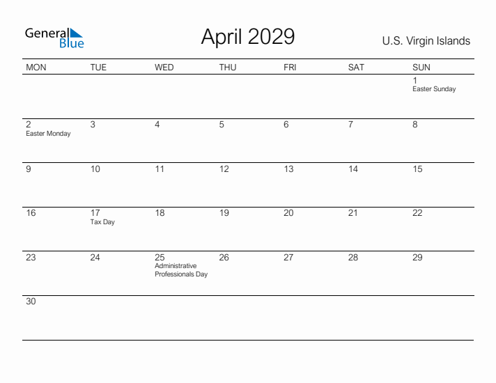 Printable April 2029 Calendar for U.S. Virgin Islands