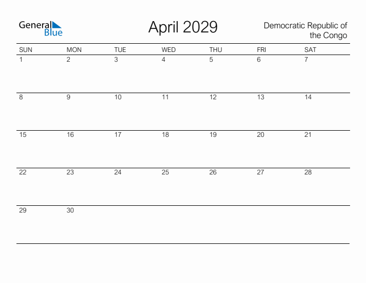 Printable April 2029 Calendar for Democratic Republic of the Congo