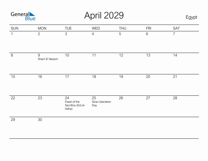 Printable April 2029 Calendar for Egypt