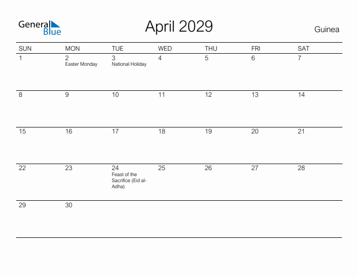 Printable April 2029 Calendar for Guinea