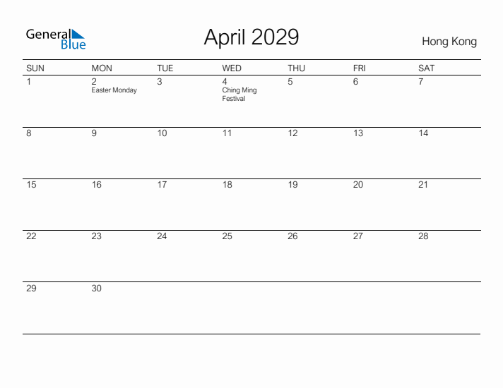 Printable April 2029 Calendar for Hong Kong