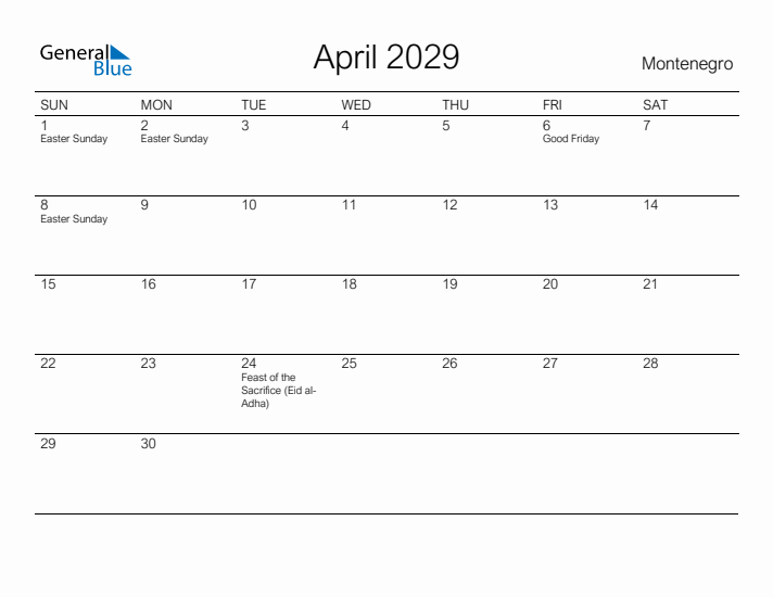 Printable April 2029 Calendar for Montenegro