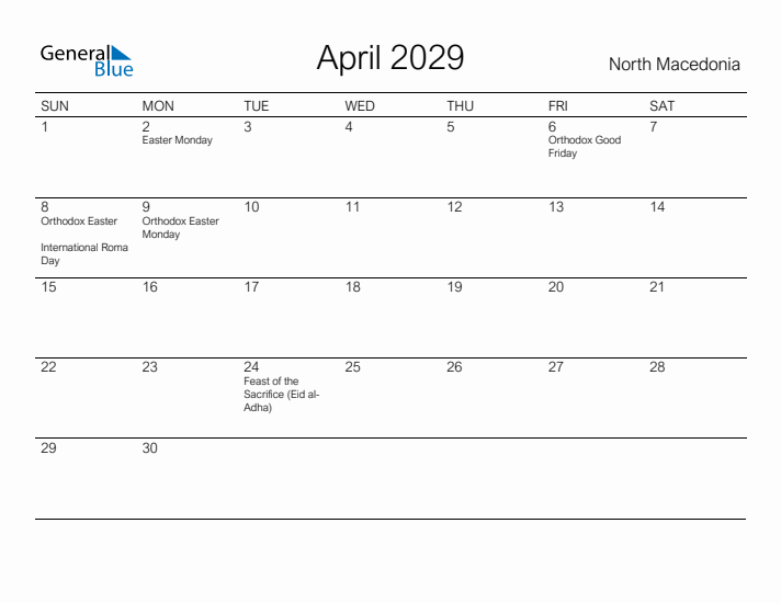 Printable April 2029 Calendar for North Macedonia