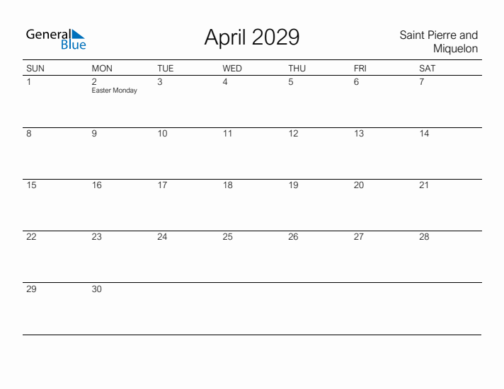 Printable April 2029 Calendar for Saint Pierre and Miquelon