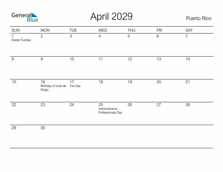 Printable April 2029 Calendar for Puerto Rico