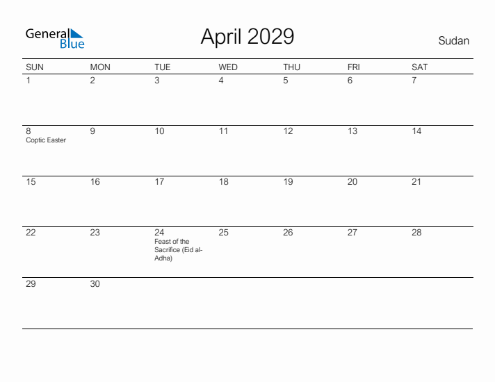 Printable April 2029 Calendar for Sudan