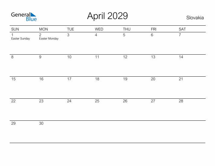 Printable April 2029 Calendar for Slovakia
