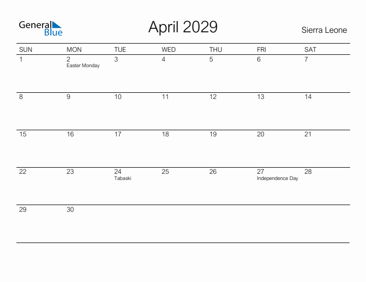 Printable April 2029 Calendar for Sierra Leone